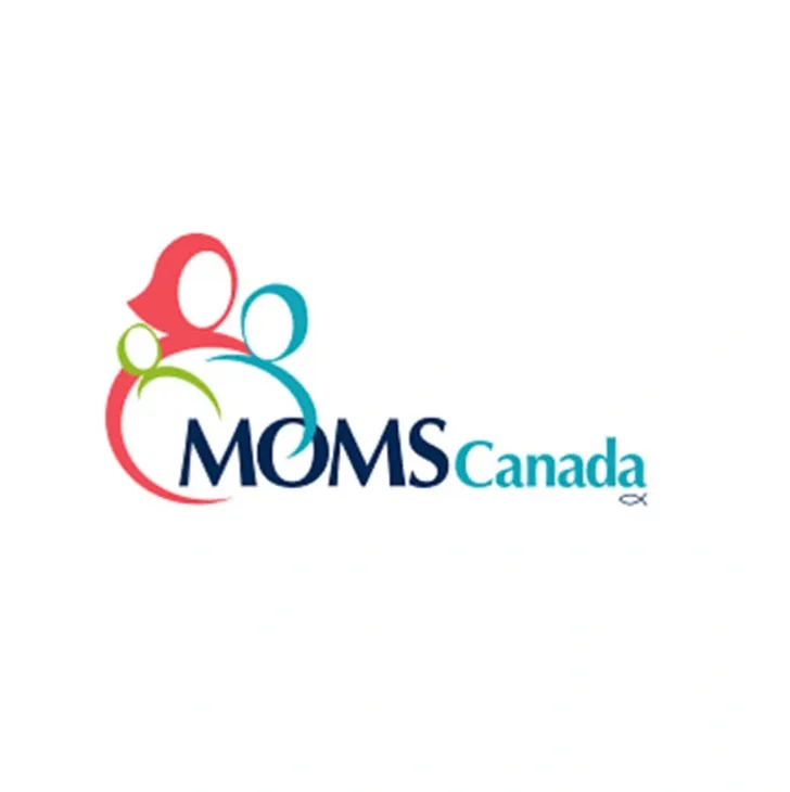 Logo showcasing stylized figures of a mother and two children in red, green, and blue, with the text "MOMS Canada" in bold letters.